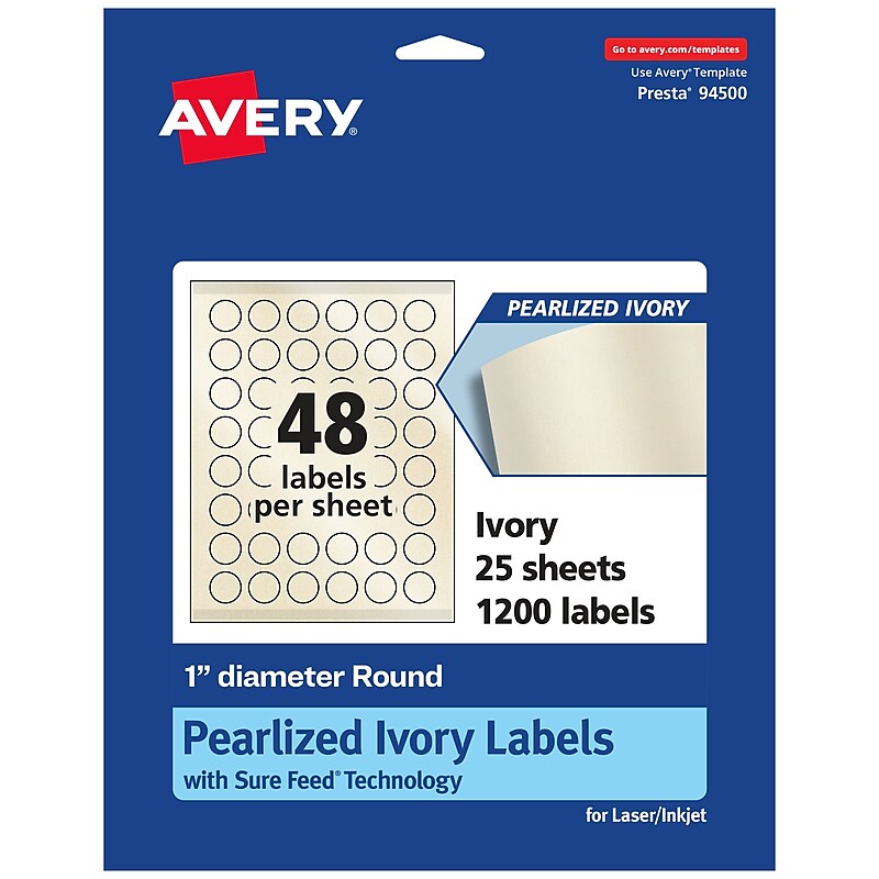 Avery Laser/Inkjet Round Multipurpose Labels, 1" Dia., Ivory, 1,200 Labels/Pack (94500) image 1