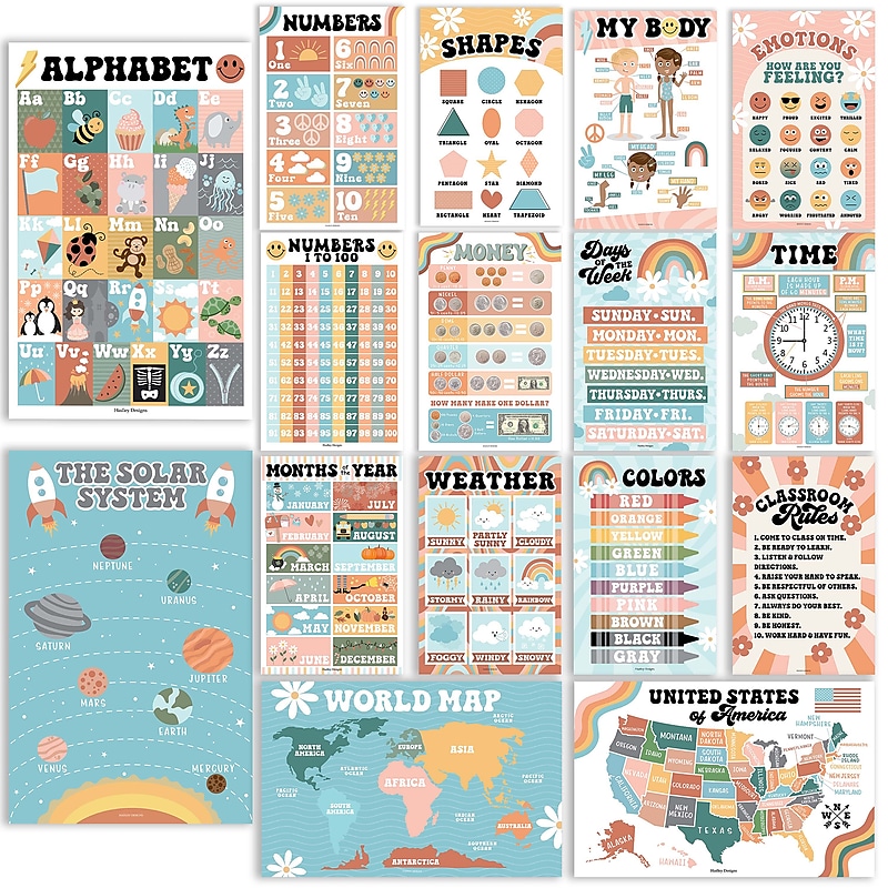 Hadley Designs 17" x 11" Retro Boho Preschool Educational Posters For Toddlers, Laminated, 16/Set (HDDX004ACFGE5) image 1