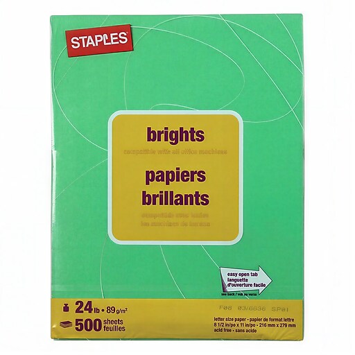 Staples Brights Multipurpose Paper, 24 lbs., 8.5