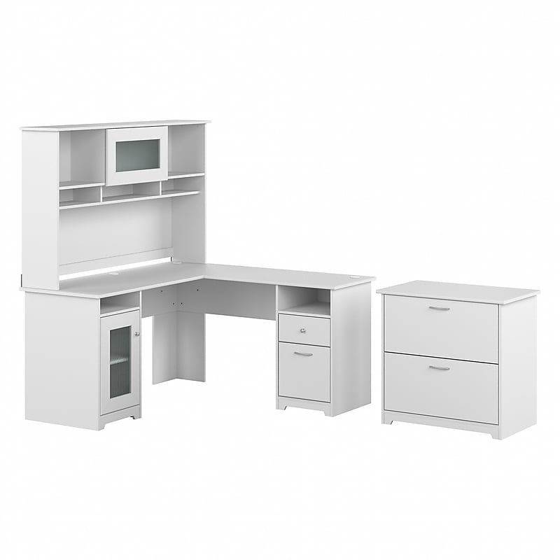 Bush Furniture Cabot 60"W L-shaped Computer Desk with Hutch and Lateral File Cabinet, White (CAB005WHN) image 1