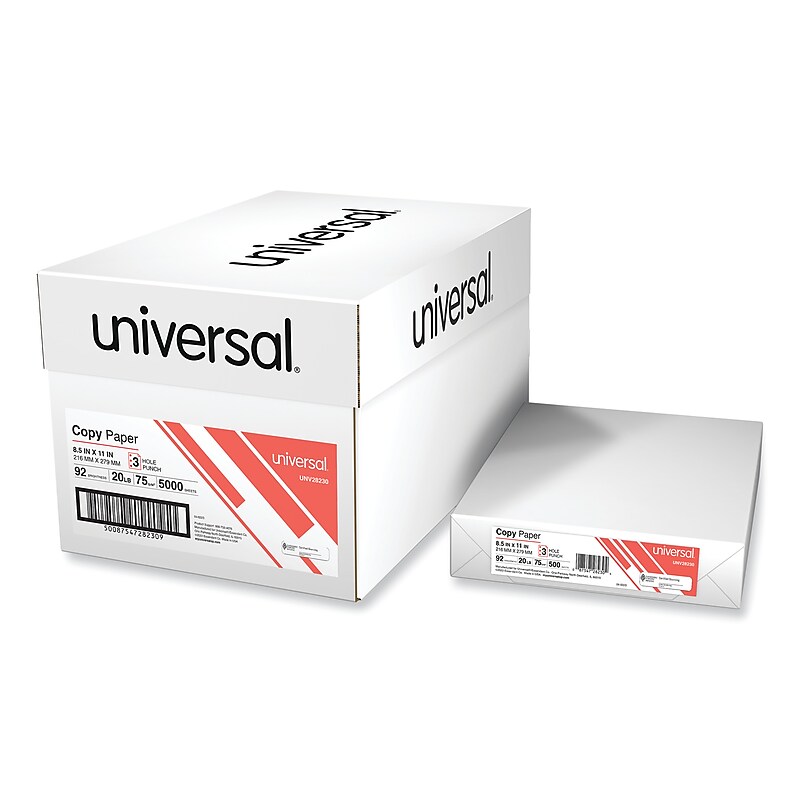 Universal Bulk 3-Hole Punched Office Copy Paper, LETTER-Size, 20 Lb., 8.5"H x 11"W, 5,000 Sheets/Carton image 1