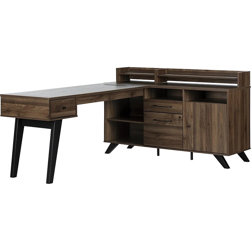 South Shore Helsy 78"W L-Shaped Computer Desk with Power Bar and Removable Hutch, Natural Walnut (13307) image 1