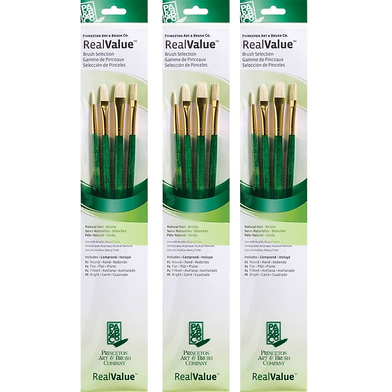 Princeton RealValue Long Handle Mixed Media Natural Variety Brush Set, 4/Set, 3 Sets/Bundle (PBXPR9118-3) image 1