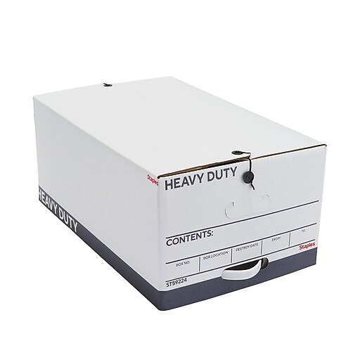 Staples Heavy Duty File Box, String and Button Lid, Legal, White/Gray