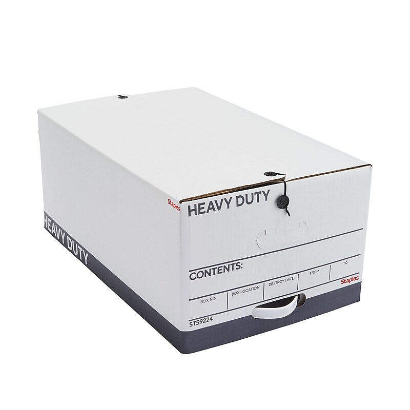 Staples Heavy Duty File Box, String and Button Lid, Legal, White/Gray, 4/Pack (TR59224) image 1