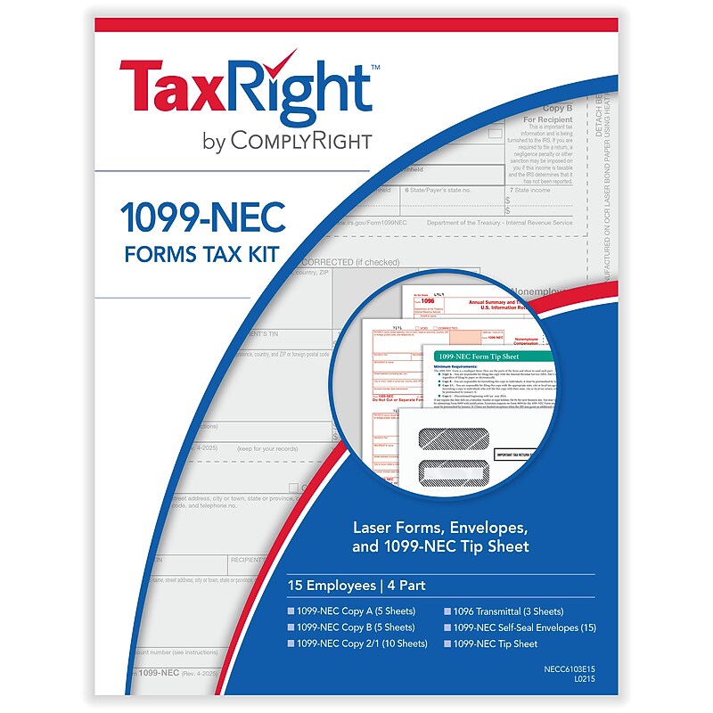 TaxRight 2025 1099-NEC Tax Form Tax Forms, Envelopes & TipSheet, 4-Part, 15/Pack (NECSC6103E15) image 1