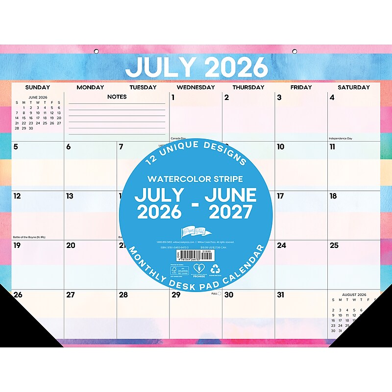 2026-2027 Willow Creek 22" x 17" Academic Monthly Desk Pad Calendar, Watercolor Stripe (64733) image 1