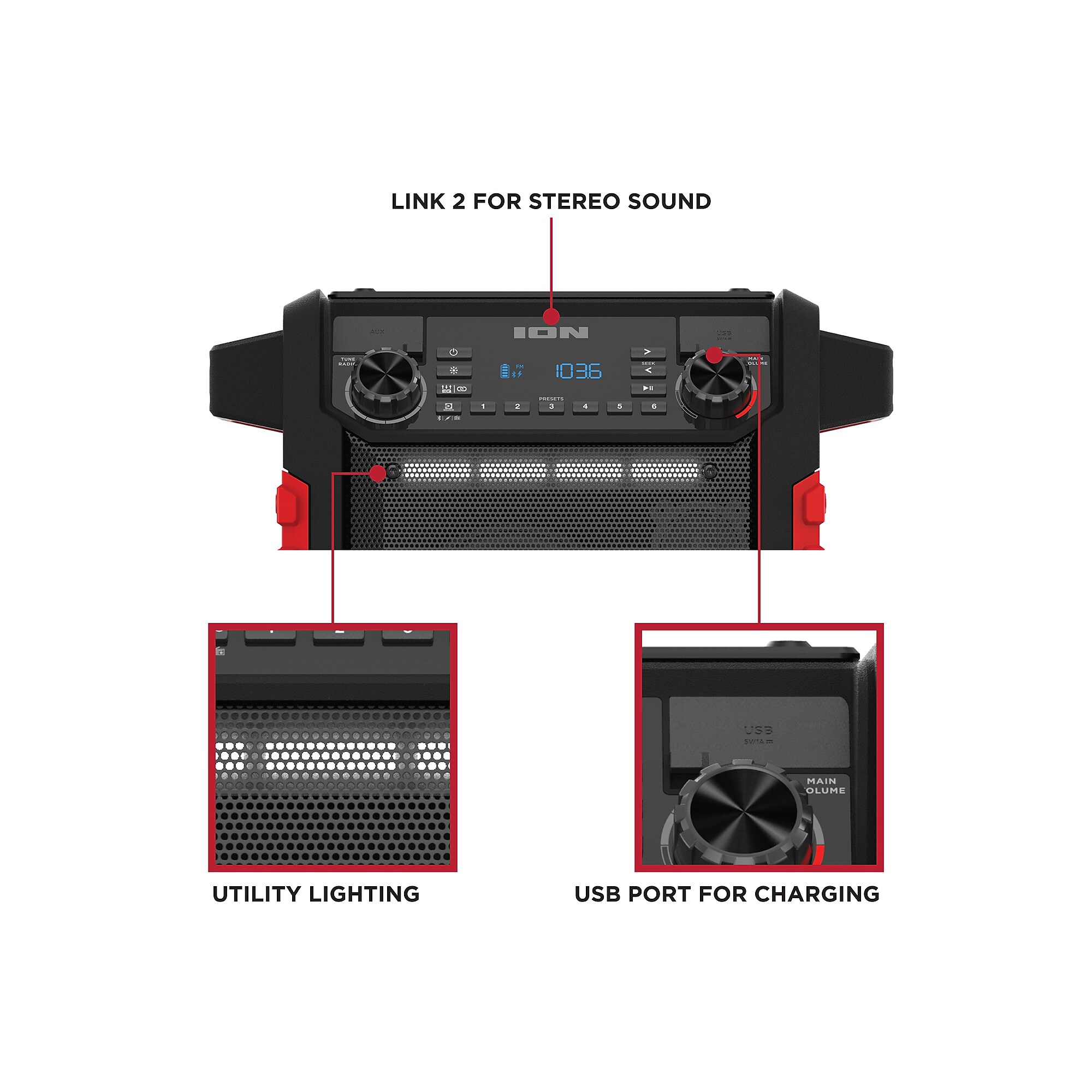 ION Tailgater Classic Wireless Bluetooth Portable Rechargeable Speaker with Link 2, Water-Resistant, Black/Red (TLGTRCLASRDXUS) Sansujyuku sansujyuku.com