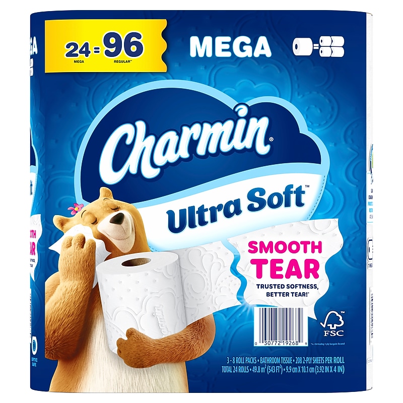 Charmin Ultra Soft Mega Toilet Paper, 2-Ply, White, 208 Sheets/Roll, 24 Rolls/Case (88000) image 1