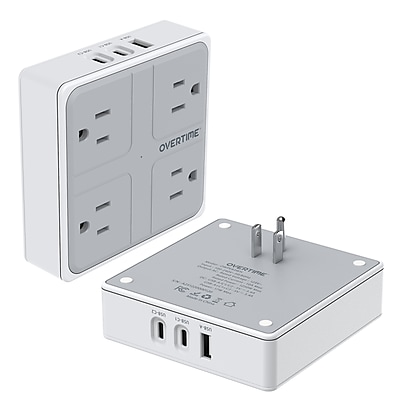 Overtime E63 7-in-1 Wall Outlet Surge Protector Extender with 4 AC Outlets, 2 USB-A & 1 USB-C Ports, White (OWPE63WH) Simolary simolary.com