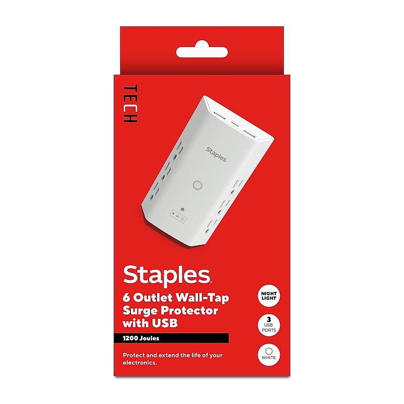 Staples TECH 6-Outlet 3-USB Port Surge Protector, 1200 Joules, White (ST62778) image 1