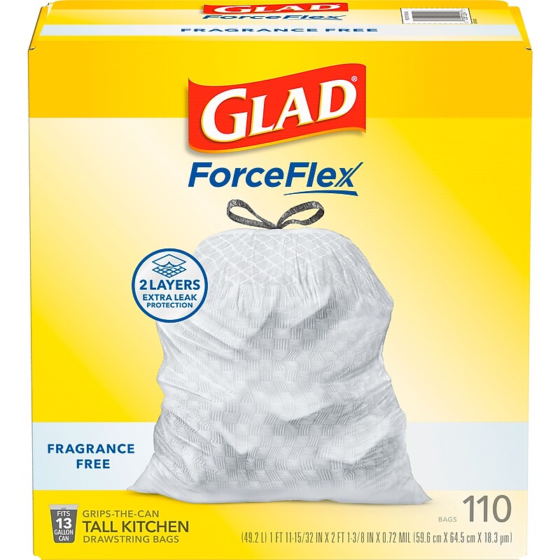 Glad ForceFlex 13 Gallon Drawstring Kitchen Trash Bag, Unscented, Gray, 110 Total Bags (22541) image 1