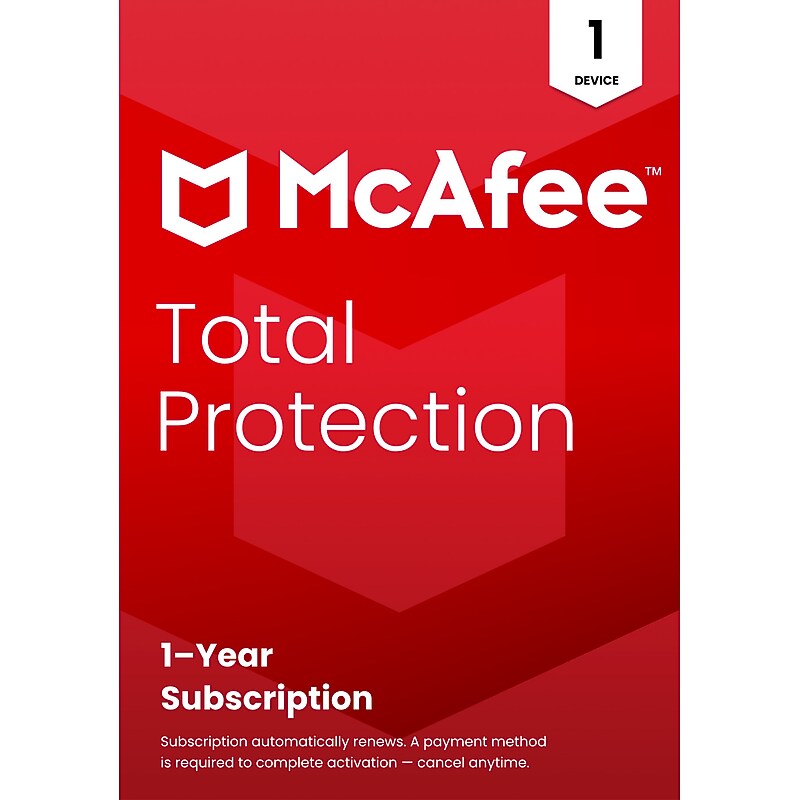 McAfee Total Protection for 1 Device, 1-Year Subscription with Auto-Renewal, Product Key Card (MTP51EST1RAAM) image 1
