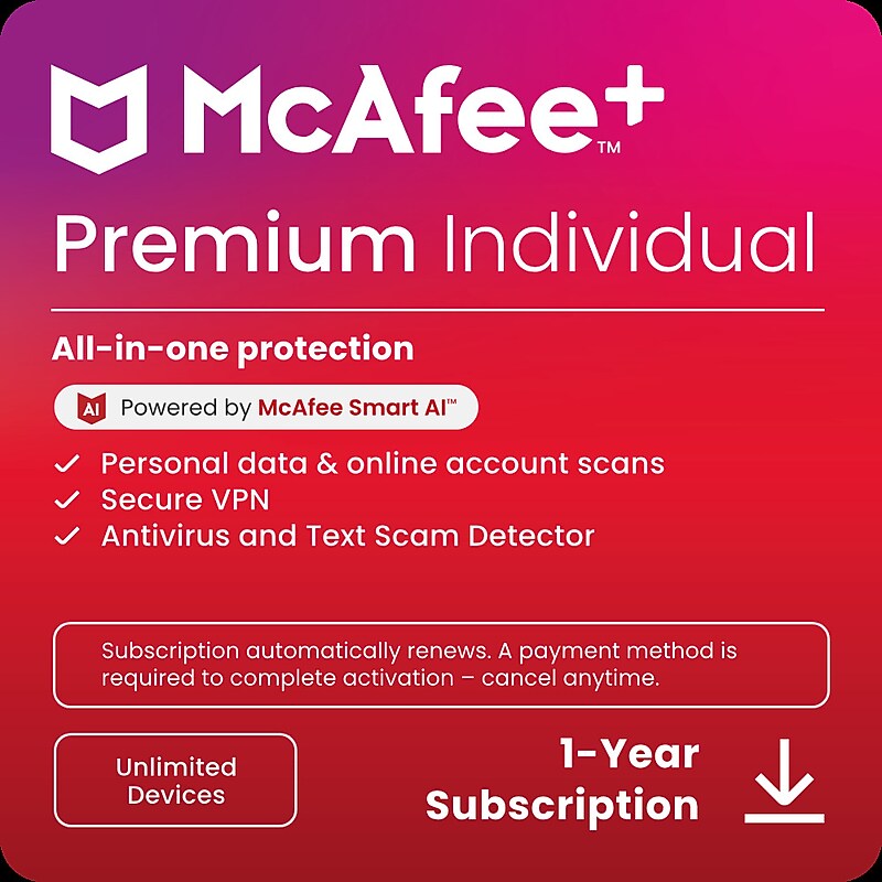 McAfee+ Premium Individual for Unlimited Users, Windows/Mac/Android/iOS/ChromeOS, Download (MPP21ESTURD3D) image 1