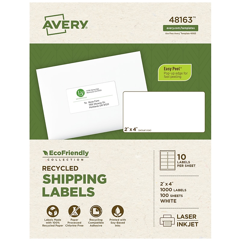 Avery EcoFriendly Laser/Inkjet Shipping Labels, 2" x 4", White, 1,000 Labels/Box (48163) image 1