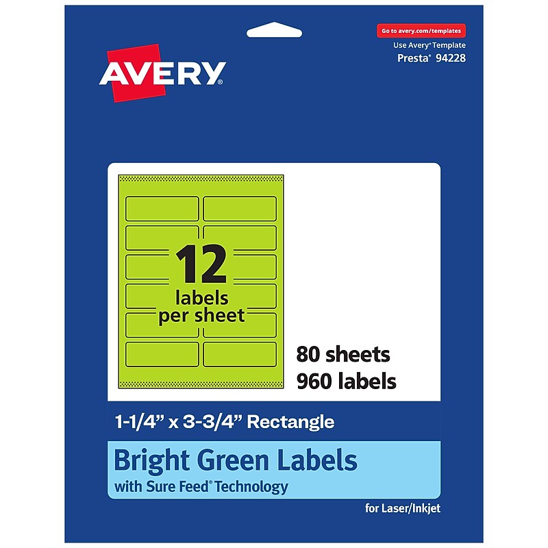 Avery Rectangle Multipurpose Labels, 1.25" x 3.75", Bright Green, 960/Box (94228) image 1