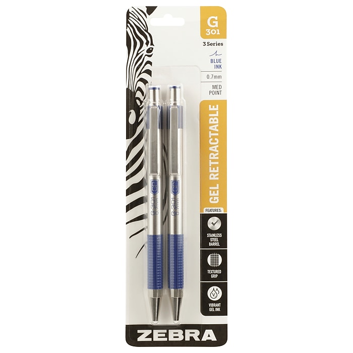Zebra G-301 Retractable Gel Pen, Medium Point, 0.7mm, Blue Ink, 2