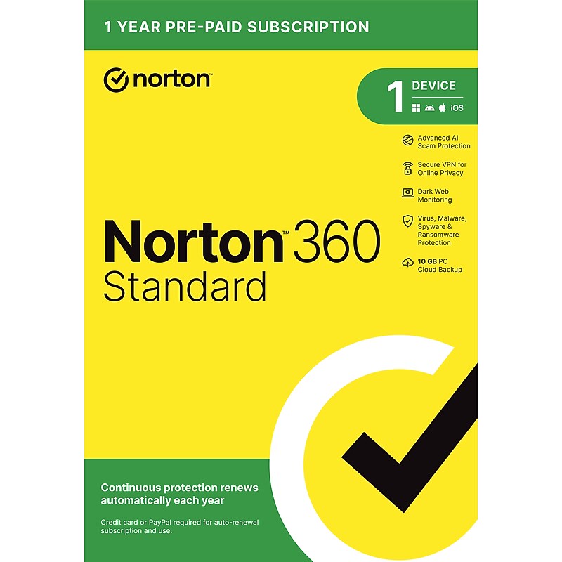 Norton 360 Standard, Antivirus Software for 1 Device with Auto-Renewal, Advanced AI Scam Protection, VPN, Dark Web Monitoring image 1