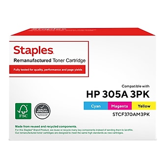 Staples Remanufactured Tri-Color Standard Yield Toner Cartridge Replacement for HP 305A (TRCF370AM3PK/STCF370AM3PK), 3/Pack