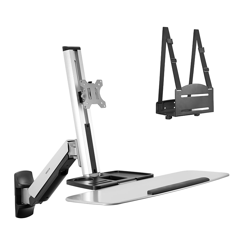 Mount-It! Wall Mounted Sit-Stand Single Monitor Workstation with Floating Keyboard Tray, Up to 32" Monitor, Silver (MI-7905) image 1
