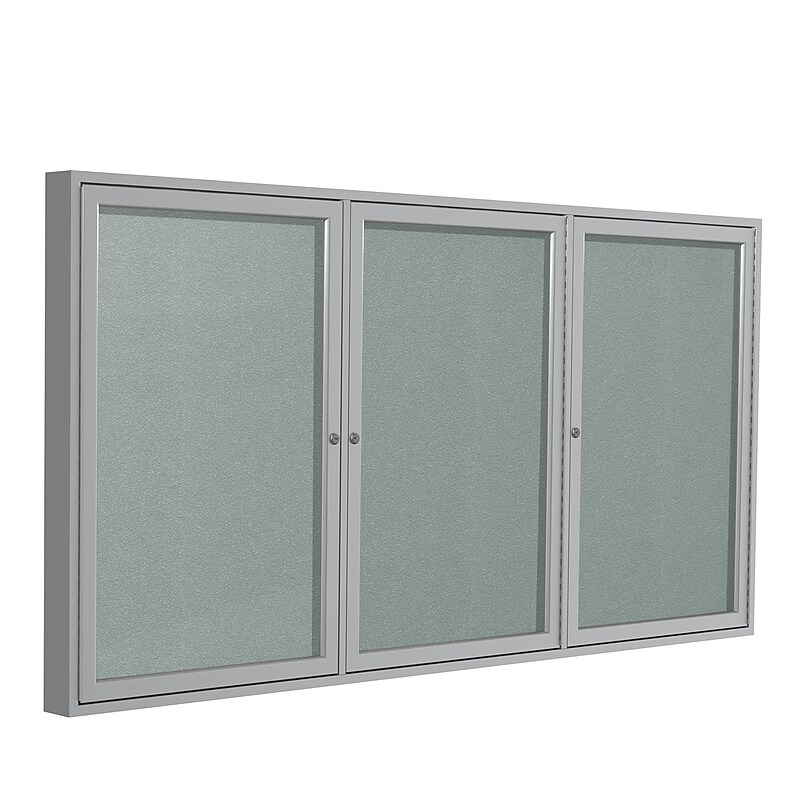 Ghent 4' H x 8' W Enclosed Vinyl Bulletin Board with Satin Frame, 3 Door, Silver (PA34896VX-193) image 1