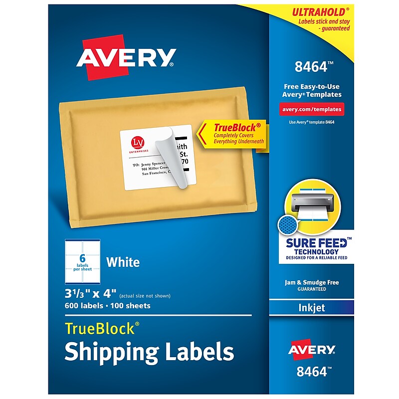 Avery TrueBlock Inkjet Shipping Labels, 3-1/3" x 4", White, 600 Labels/Box (8464) image 1