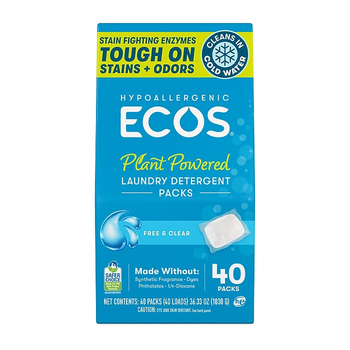 ECOS PRO Laundry Detergent Packs with Enzymes, Free & Clear, 40
