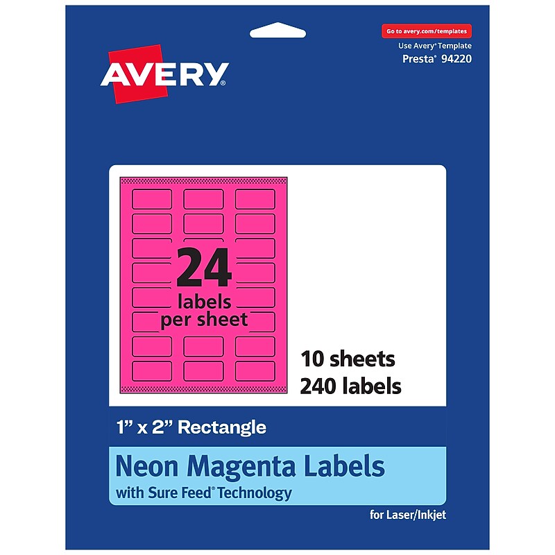 Avery Laser/Inkjet Rectangle Multipurpose Labels, 1" x 2", Neon Magenta, 240/Pack (94220) image 1