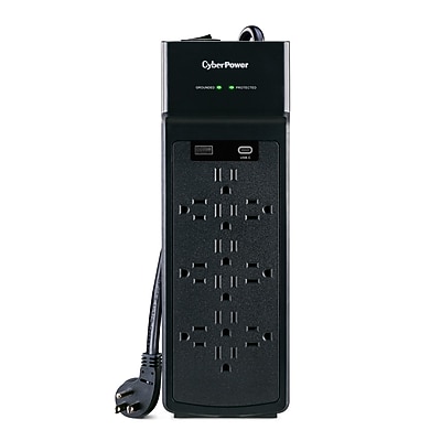 CyberPower P1208UC15BK Home Office 12-Outlet Surge Protector, 1-USB-C and USB-A Port, 8 ft. Cord, 3000J Surge Suppression, Black Simolary simolary.com