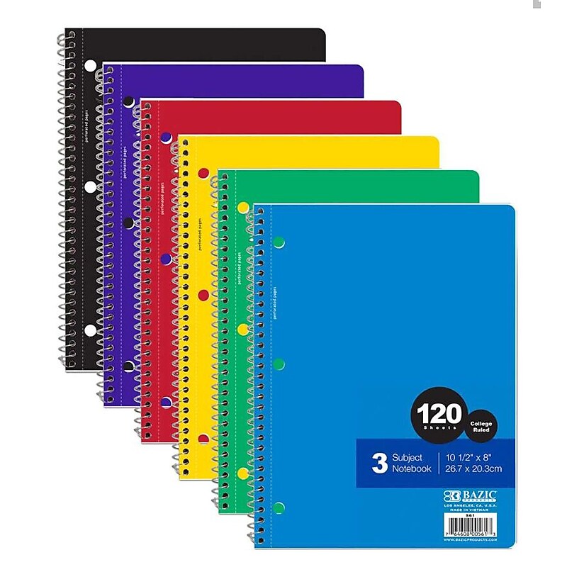 Bazic DDI 3-Subject Notebooks, College Ruled, 120 Sheets, White (BAZ561) image 1