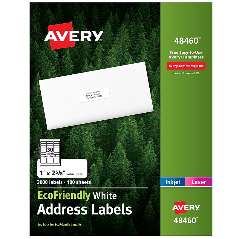 Avery EcoFriendly Laser/Inkjet Address Labels, 1" x 2-5/8", White, 3,000 Labels/Box (48460) image 1