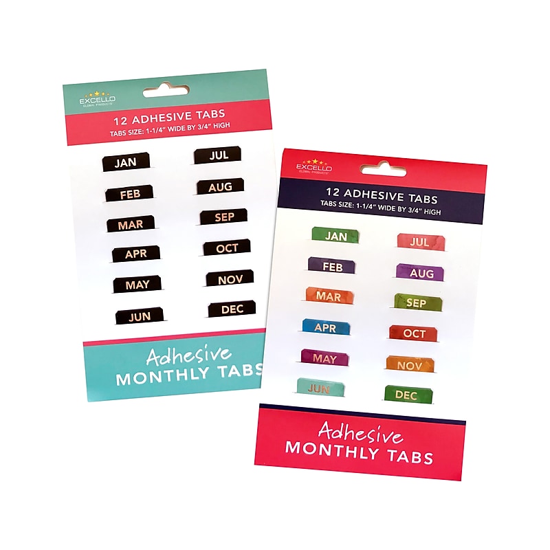 Excello Global Products Adhesive Monthly Tabs, Assorted Colors, 12 Tabs/Set, 2 Sets/Pack (GPP-0077-S) image 1