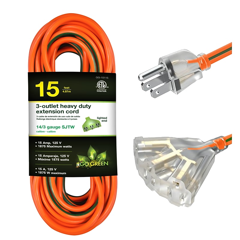 GoGreen Power Heavy Duty Extension Cord, Lighted End, Orange (GG-15115) image 1