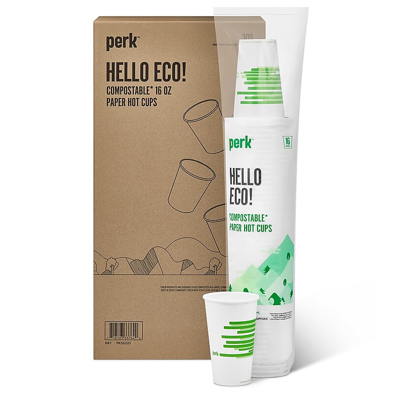 Perk™ Eco Compostable Paper Hot Cup, 16 Oz., White/Green, 300/Carton (PK56221) image 1