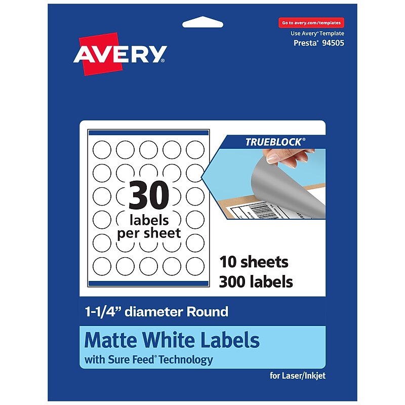 Avery TrueBlock Laser/Inkjet Round Multipurpose Labels, 1.25" Dia., White, 300 Labels/Pack (94505) image 1