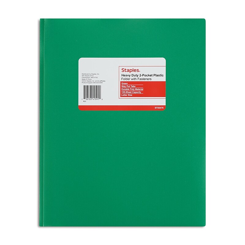 Staples Matte 2-Pocket Plastic Portfolio Folder with Fasteners, Green (ST55476-CC) image 1