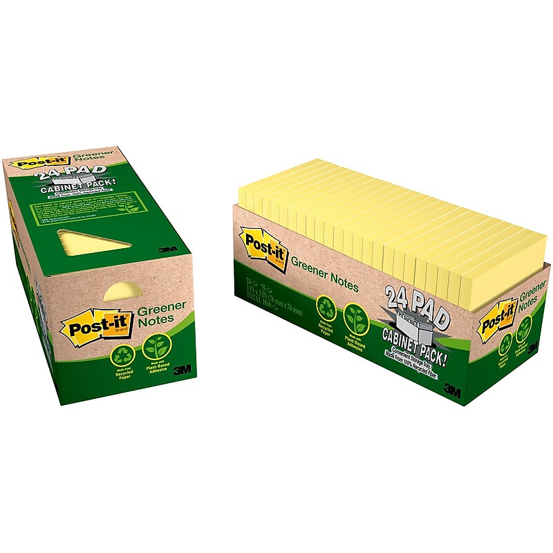 Post-it Recycled Notes, 3" x 3", Canary Collection, 75 Sheet/Pad, 24 Pads/Pack (654R24CPCY) image 1