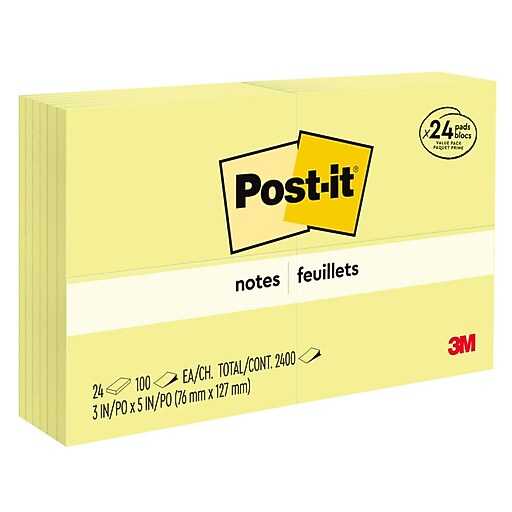 Postit Notes, 3" x 5", Canary Collection, 90 Sheet/Pad, 24 Pads/Pack
