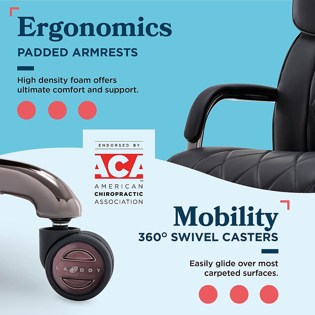 Ergonomics padded armrests and Mobility 360° swivel casters with ACA endorsement