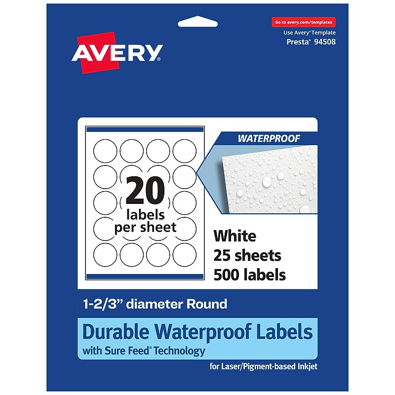 Avery Laser/Inkjet Circle  Waterproof Multipurpose Labels, 1.6667"  Dia, White, 500/Pack (94508) image 1