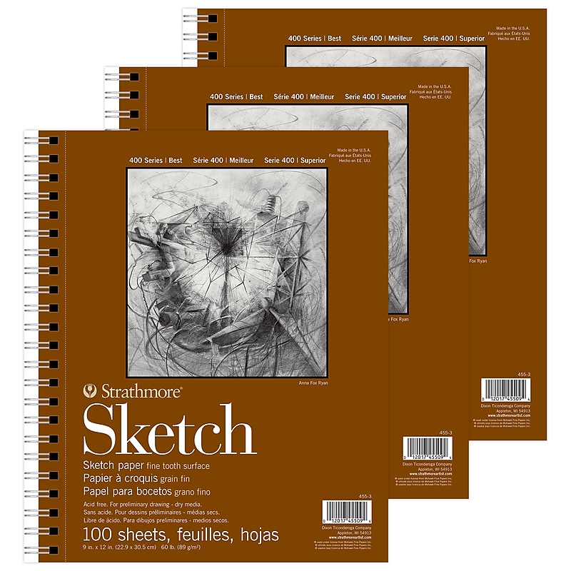 Strathmore 400 Series 9" x 12" Wire Bound Sketch Pad, 100 Sheets/Pad, 3/Bundle (STTP455303-3) image 1