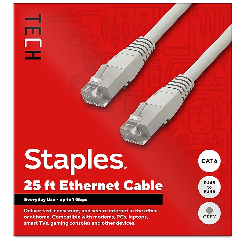 Staples TECH 25 ft. Cat-6 Ethernet Cable, Male to Male, Gray (ST62446) image 1