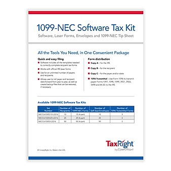 ComplyRight TaxRight 2023 1099-NEC Tax Form Kit with eFile Software & Envelopes, 4-Part, 50/Pack (NECSC6103ES)