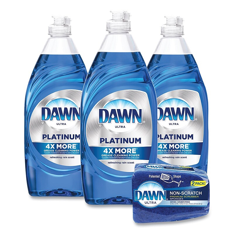 Dawn Platinum Liquid Dish Soap with Sponge, Refreshing Rain, 24 fl oz., 3/Carton (49041) image 1