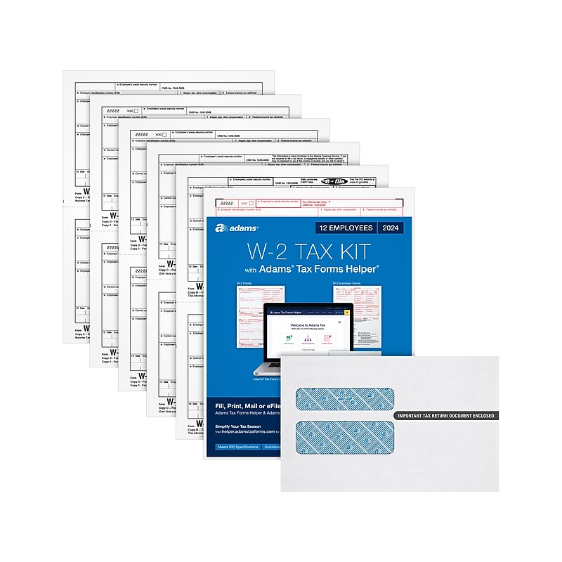 Adams 2024 W-2 Tax Form with Self-Seal Envelopes and Access to Tax Forms Helper, 6-Part, 2-Up, Copy A, 1, B, C, 2, D, 12/Pack image 1