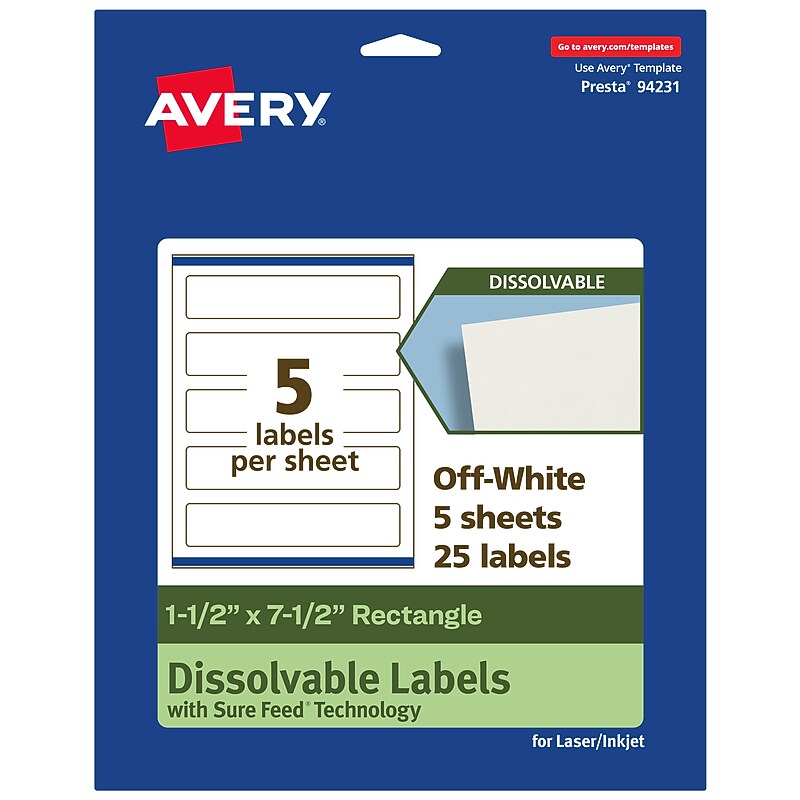 Avery Dissolvable Rectangle Multipurpose Labels, 1.5" x 7.5", Off-white, 25/Pack (94231) image 1