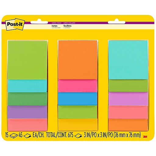 Post-it Super Sticky Notes, Supernova Neons Collection, 45 Sheet/Pad, 15  Pads/Pack (4423-15SSMIA)