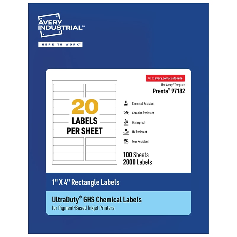 Avery UltraDuty Inkjet Rectangle Multipurpose Labels, 1" x 4", White, 2000 Labels/Box ( 97182) image 1