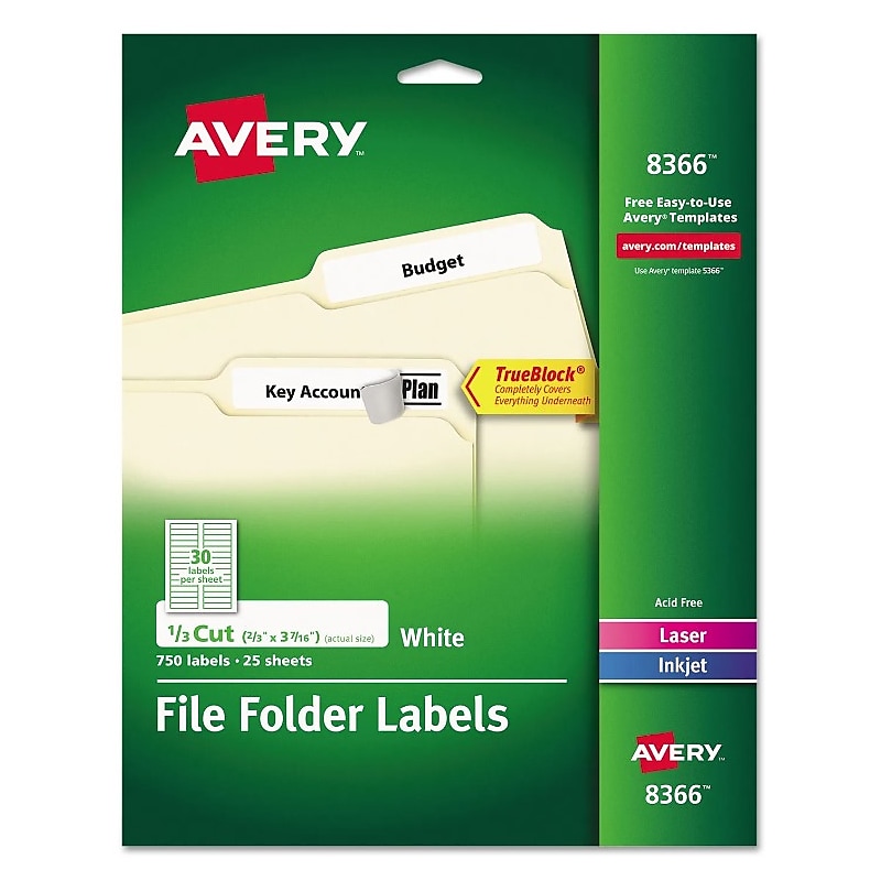 Avery TrueBlock Laser/Inkjet File Folder Labels, 2/3" x 3 7/16", White, 750 Labels/Pack (08366) image 1