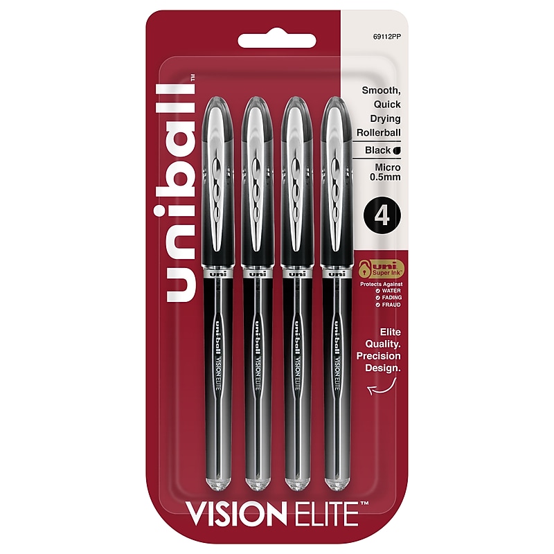 uni-ball VISION ELITE Rollerball Pen, Micro Point, Black Ink, 4/Pack (69112) image 1